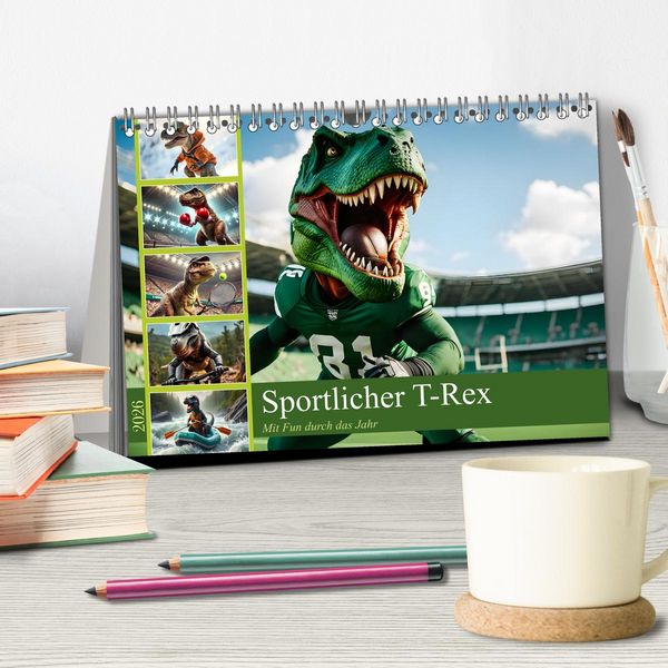 Produktbild: Sportlicher T-Rex - Mit Fun durch das Jahr (Tischkalender 2026 DIN A5 quer), CALVENDO Monatskalender
