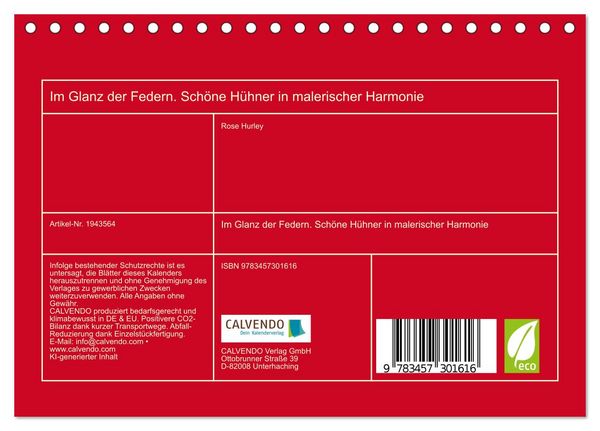 Produktbild: Im Glanz der Federn. Sch&ouml;ne H&uuml;hner in malerischer Harmonie (Tischkalender 2026 DIN A5 quer), CALVENDO Monatskalender