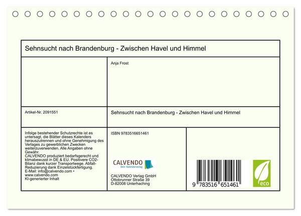 Produktbild: Sehnsucht nach Brandenburg - Zwischen Havel und Himmel (Tischkalender 2026 DIN A5 quer), CALVENDO Monatskalender