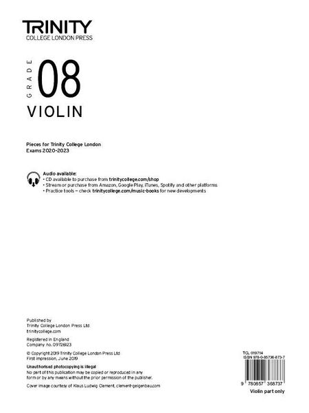Produktbild: Trinity College London Violin Exam Pieces From 2020: Grade 8 (part only)