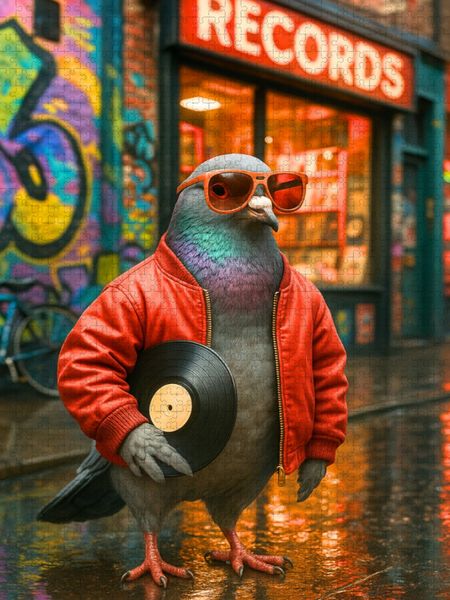 Produktbild: CALVENDO Puzzle Vinyl Vibes - Stadttaube vorm Plattenladen | 1000 Teile Lege-Gr&ouml;&szlig;e 64x48cm Foto-Puzzle f&uuml;r gl&uuml;ckliche Stunden