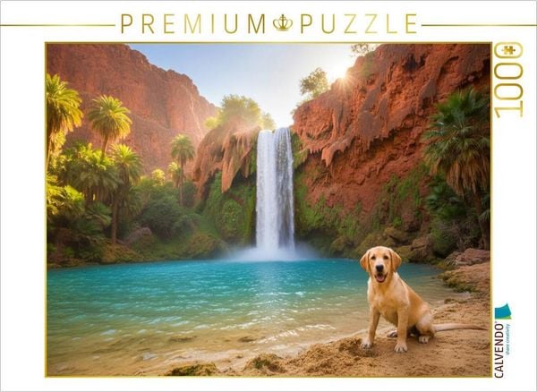 CALVENDO Puzzle Labrador an den Havasu-Wasserfällen | 1000 Teile Lege-Größe 64x48cm Foto-Puzzle für glückliche Stunden