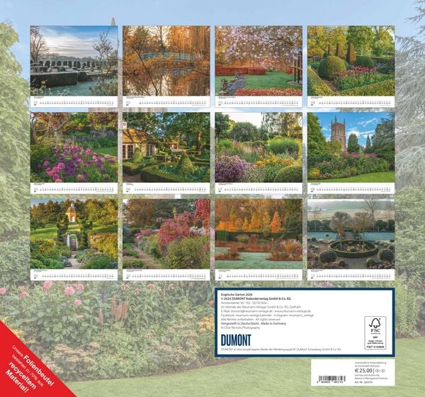 Produktbild: Englische Gärten 2026 – DUMONT Garten-Kalender – mit allen wichtigen Feiertagen – Format 38,0 x 35,5 cm