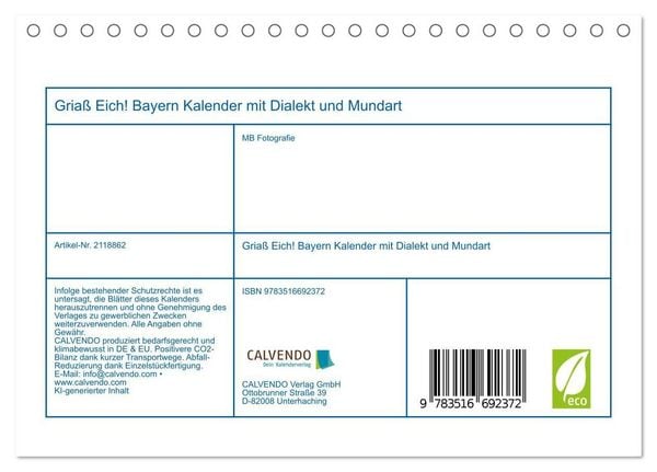 Produktbild: Gria&szlig; Eich! Bayern Kalender mit Dialekt und Mundart (Tischkalender 2026 DIN A5 quer), CALVENDO Monatskalender