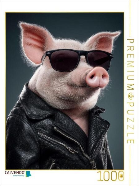 CALVENDO Puzzle Ein cooles Schwein mit Lederjacke und Sonnenbrille posiert selbstbewusst | 1000 Teile Lege-Größe 64x48cm Foto-Puzzle für glückliche Stunden