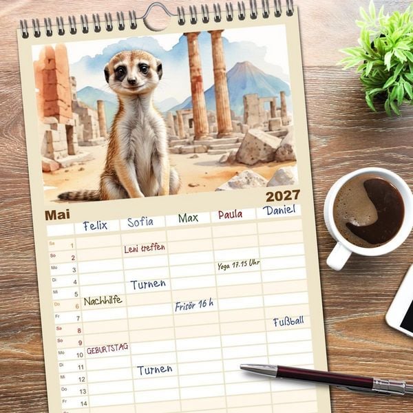 Produktbild: Familienplaner 2027 - Erdm&auml;nnchen in Italien mit 5 Spalten (Wandkalender, 21 x 45 cm) CALVENDO