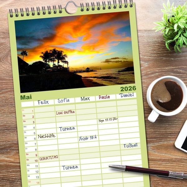 Produktbild: Familienplaner 2026 - In Gedanken auf den Seychellen mit 5 Spalten (Wandkalender, 21 x 45 cm) CALVENDO