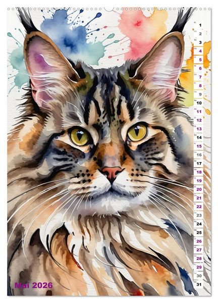 Produktbild: KATZENKALENDER - Aquarell Katzenportraits f&uuml;r Katzenliebhaber (hochwertiger Premium Wandkalender 2026 DIN A2 hoch), Kunstdruck in Hochglanz