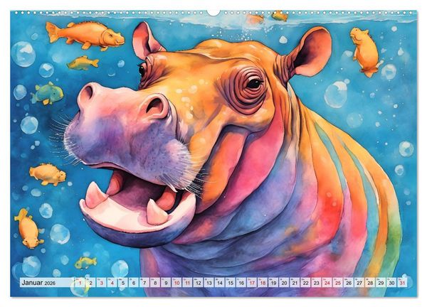 Produktbild: Hippos bekennen Farbe - kunterbunter Nilpferdspa&szlig; (Wandkalender 2026 DIN A2 quer), CALVENDO Monatskalender