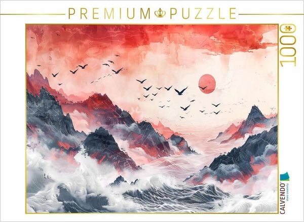 CALVENDO Puzzle Asiatische Tuschmalerei mit Vogelschwarm roter Sonne Meer und Felsen | 1000 Teile Lege-Größe 64 × 48 cm Foto-Puzzle für glückliche Stunden