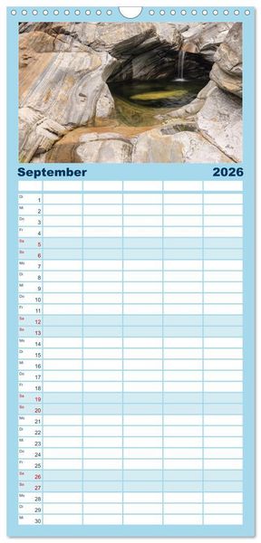 Produktbild: Familienplaner 2026 - Farben und Formen der Verzasca mit 5 Spalten (Wandkalender, 21 x 45 cm) CALVENDO