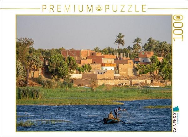 CALVENDO Puzzle Authentisches Ägypten: Zwei Ruderer auf dem Nil vor einem Dorf | 1000 Teile Lege-Größe 64x48cm Foto-Puzzle für glückliche Stunden