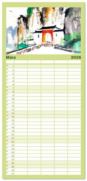 Produktbild: Familienplaner 2026 - Fernost Impressionen - Tempel und Landschaften in KI-Tuschekunst mit 5 Spalten (Wandkalender, 21 x 45 cm) CALVENDO