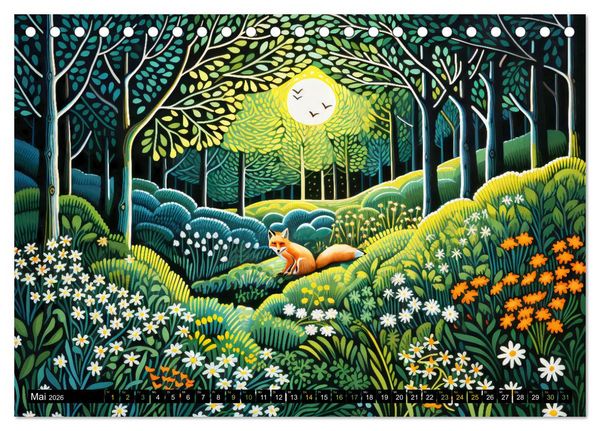 Produktbild: Abstrakter Wald - Jahreszeiten in bunten Linolschnitten (Tischkalender 2026 DIN A5 quer), CALVENDO Monatskalender