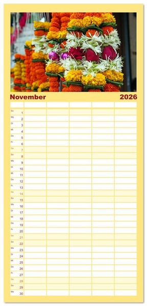 Produktbild: Familienplaner 2026 - Asien - Farbenfrohe Blumenketten mit 5 Spalten (Wandkalender, 21 x 45 cm) CALVENDO