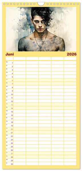 Produktbild: Familienplaner 2026 - Tattoo trifft Kunst mit 5 Spalten (Wandkalender, 21 x 45 cm) CALVENDO