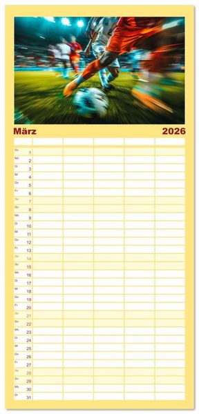 Produktbild: Familienplaner 2026 - Fu&szlig;ball - Dynamik am Ball mit 5 Spalten (Wandkalender, 21 x 45 cm) CALVENDO