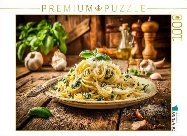 CALVENDO Puzzle Italienische Pasta, Genuss auf rustikalem Teller | 1000 Teile Lege-Größe 64x48cm Foto-Puzzle für glückliche Stunden