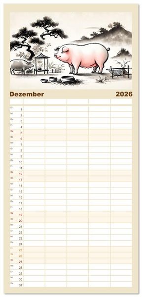 Produktbild: Familienplaner 2026 - Chinesische Tierkreiszeichen - Kunstvolle KI-Tuschemalerei des Ostens mit 5 Spalten (Wandkalender, 21 x 45 cm) CALVENDO