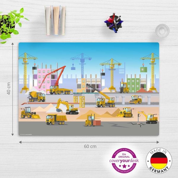 Produktbild: Cover-your-desk Schreibtischunterlage f&uuml;r Kinder Baustelle mit vielen Fahrzeugen Bagger und Kran, aus hochwertigem Vinyl , 60 x 40 cm
