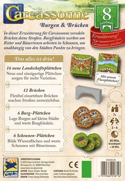 Produktbild: Hans im Gl&uuml;ck HIGD0138 - Carcassonne, Burgen & Br&uuml;cken (Auflage 2025), 8. Erweiterung