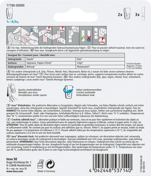 Produktbild: Tesa Klebehaken Tapeten & Putz - selbstklebender Haken - ideal zur Befestigung von Girlanden & Lichterketten - h&auml;lt bis zu