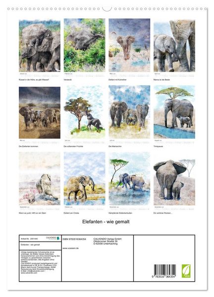 Produktbild: Elefanten - wie gemalt (hochwertiger Premium Wandkalender 2026 DIN A2 hoch), Kunstdruck in Hochglanz