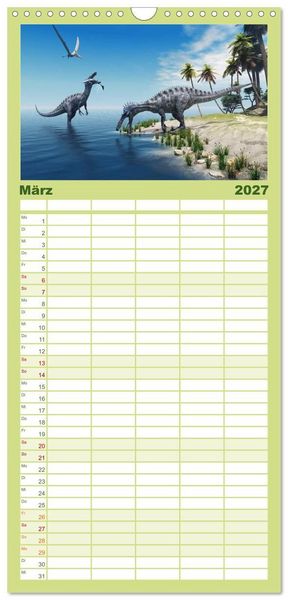 Produktbild: Familienplaner 2027 - Dinosaurier. Urzeitliche Giganten mit 5 Spalten (Wandkalender, 21 x 45 cm) CALVENDO