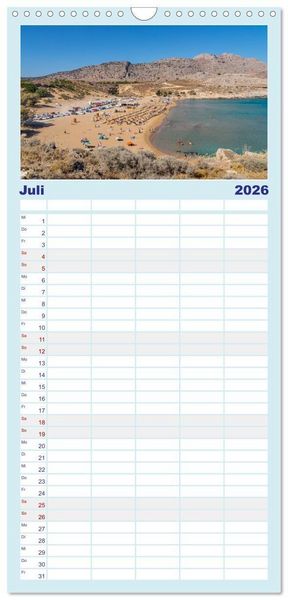 Produktbild: Familienplaner 2026 - Str&auml;nde der Insel Rhodos mit 5 Spalten (Wandkalender, 21 x 45 cm) CALVENDO
