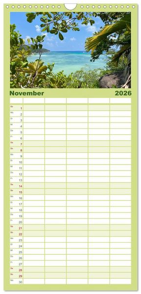 Produktbild: Familienplaner 2026 - In Gedanken auf den Seychellen mit 5 Spalten (Wandkalender, 21 x 45 cm) CALVENDO