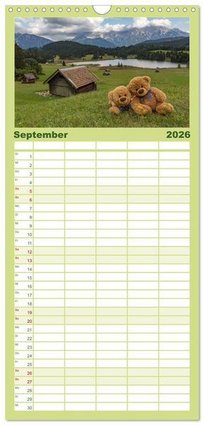 Produktbild: Familienplaner 2026 - Travelling Teddy mit 5 Spalten (Wandkalender, 21 x 45 cm) CALVENDO