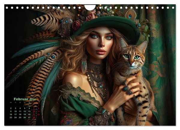 Produktbild: Luxuri&ouml;ser Bohemian Flair - Elegante Frauen mit anmutigen Katzen (Wandkalender 2026 DIN A4 quer), CALVENDO Monatskalender