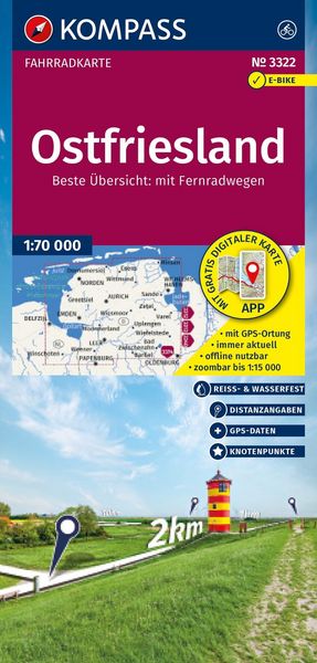 Produktbild: KOMPASS Fahrradkarte 3322 Ostfriesland mit Knotenpunkten 1:70.000