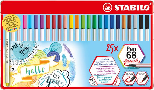 STABILO Premium-Filzstift mit Pinselspitze für variable Strichstärken - Pen 68 brush - 25er Metalletui - mit 19 verschiedenen Farben