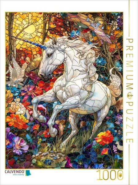 CALVENDO Puzzle Ein majestätisches Einhorn prangt auf einer farbenfrohen Blumenwiese | 1000 Teile Lege-Größe 64x48cm Foto-Puzzle für glückliche Stunden