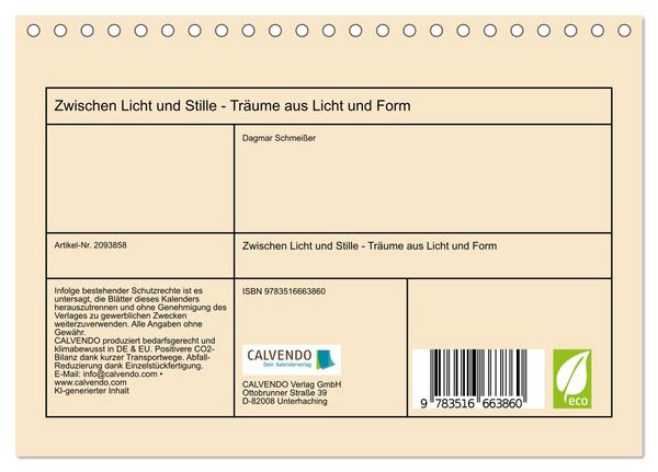 Produktbild: Zwischen Licht und Stille - Tr&auml;ume aus Licht und Form (Tischkalender 2026 DIN A5 quer), CALVENDO Monatskalender