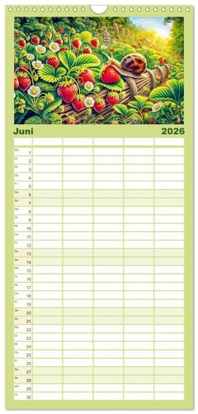 Produktbild: Familienplaner 2026 - Tiere im Garten - Tierische Begegnungen in der gr&uuml;nen Oase mit 5 Spalten (Wandkalender, 21 x 45 cm) CALVENDO