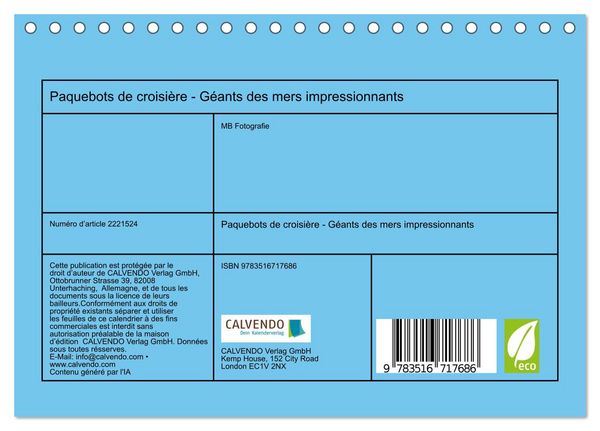 Produktbild: Paquebots de croisi&egrave;re - G&eacute;ants des mers impressionnants (Calendrier de bureau 2026 DIN A5 vertical), CALVENDO calendrier mensuel