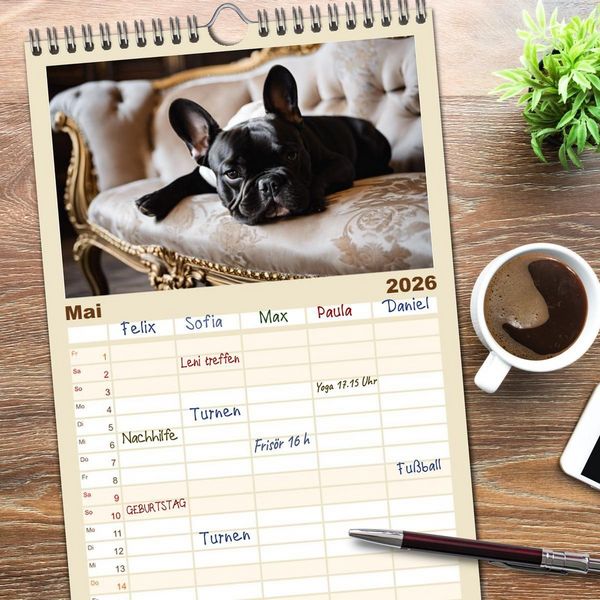 Produktbild: Familienplaner 2026 - Kleine K&ouml;nige - Franz&ouml;sische Bulldoggen mit 5 Spalten (Wandkalender, 21 x 45 cm) CALVENDO