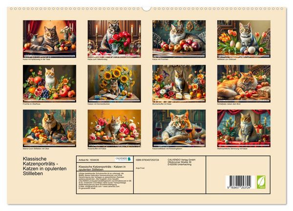 Produktbild: Klassische Katzenportr&auml;ts - Katzen in opulenten Stillleben (hochwertiger Premium Wandkalender 2026 DIN A2 quer), Kunstdruck in Hochglanz