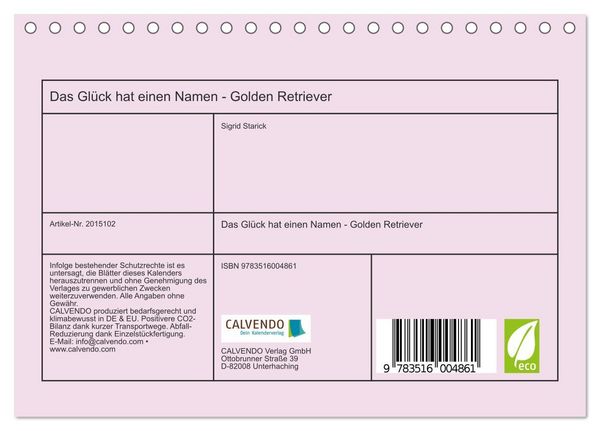Produktbild: Das Gl&uuml;ck hat einen Namen - Golden Retriever (Tischkalender 2026 DIN A5 quer), CALVENDO Monatskalender