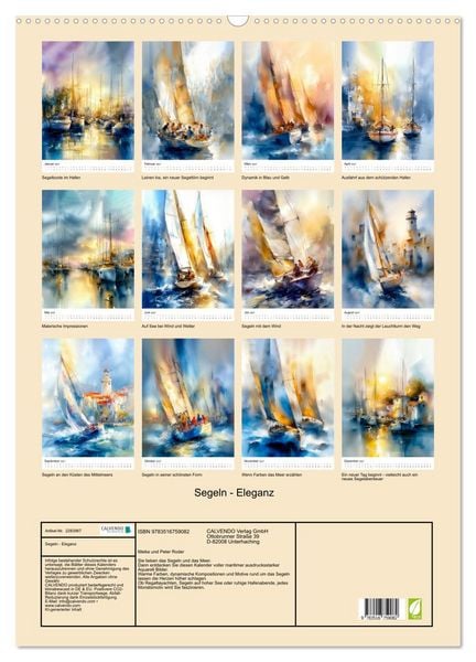 Produktbild: Segeln - Eleganz (Wandkalender 2027 DIN A2 hoch), CALVENDO Monatskalender