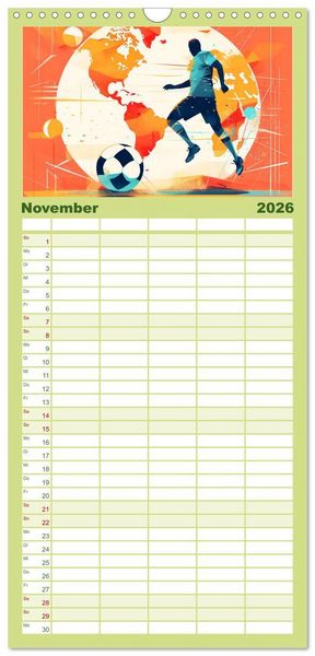 Produktbild: Familienplaner 2026 - Magie des Fussballs - Illustrierte Emotionen auf dem Rasen mit 5 Spalten (Wandkalender, 21 x 45 cm) CALVENDO