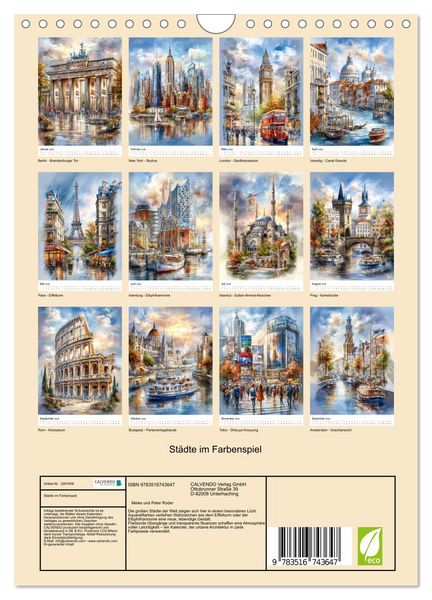 Produktbild: St&auml;dte im Farbenspiel (Wandkalender 2026 DIN A4 hoch), CALVENDO Monatskalender
