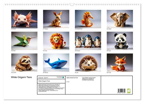 Produktbild: Wilde Origami Tiere (Wandkalender 2026 DIN A2 quer), CALVENDO Monatskalender