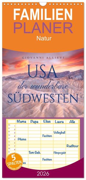 Produktbild: Familienplaner 2026 - USA Der wunderbare S&uuml;dwesten mit 5 Spalten (Wandkalender, 21 x 45 cm) CALVENDO