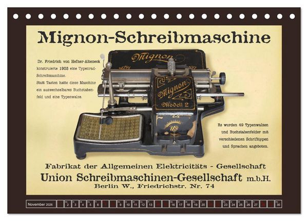 Produktbild: Schreibmaschinen um 1900 (Tischkalender 2026 DIN A5 quer), CALVENDO Monatskalender