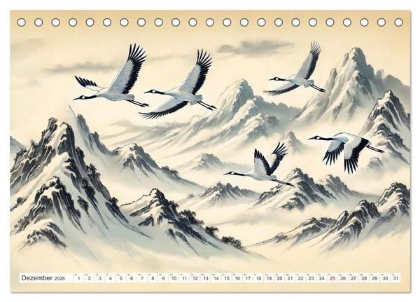 Produktbild: Eleganz der Kraniche - Majest&auml;tische V&ouml;gel in poetischer Tusche (Tischkalender 2026 DIN A5 quer), CALVENDO Monatskalender