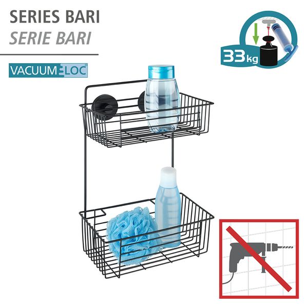 Vacuum-Loc® Wandregal 2 Etagen Mod. Bari Schwarz, Befestigen ohne bohren