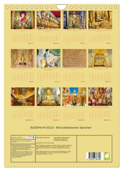 Produktbild: BUDDHA IN GOLD - Mit buddhistischen Spr&uuml;chen (Wandkalender 2026 DIN A4 hoch), CALVENDO Monatskalender